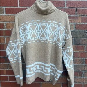CeCe by Cynthia Steffe Mock Neck Sweater Tan Ivory Geometric Tribal Knit Size M